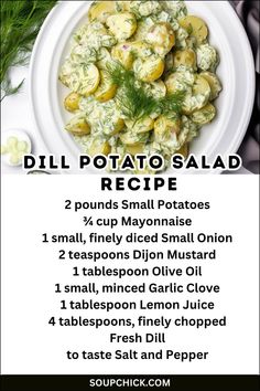 the recipe for dill potato salad is shown