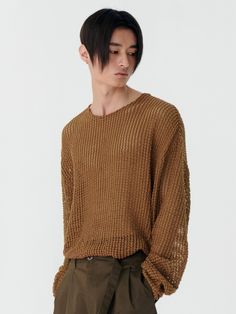 Editor's NotesCrochet-knitted like rattan weaving, this loose cropped sweater is versatile for layering over t-shirt or solo. It's ideal to wear till hot Summer days.- Round neck- Dropped shoulder - Cropped length- Oversized fitMeasurements (in.) S / M / L- Total Length: 24.0 in. / 24.8 in. / 25.6 in.- Shoulder: 23.2 in. / 24.0 in. / 24.8 in.- Chest: 23.2 in. / 24.2 in. / 25.2 in.  - Sleeve Length: 22.0 in. / 22.4 in. / 22.8 in. Model info:- Man 1: 6' 2.0 / Fitting size Outer L, Top L, Bottom 48(+1.2)- Man 2: 5' 11.7 / Fitting size Outer L, Top L, Bottom 48(+1.2) - Man 3: 6' 0, 147.7 lbs / Fitting size LComposition & Care- 60% Polyester, 35% Cotton, 5% Spandex- Recommend hand wash- Do not tumble dry- Machine wash inside out using laundry net - Refer to the care labelDesigner- by MARTIN Relaxed Fit Textured Knit Cropped Sweater For Layering, Casual Cropped Textured Knit Sweater, Brown Cropped Chunky Knit Sweater, Brown Chunky Knit Cropped Sweater, Oversized Knitted Cropped Sweater For Layering, Trendy Brown Open Knit Sweater, Casual Brown Chunky Knit Top, Brown Open Knit Crew Neck Sweater, Brown Oversized Open Knit Sweater