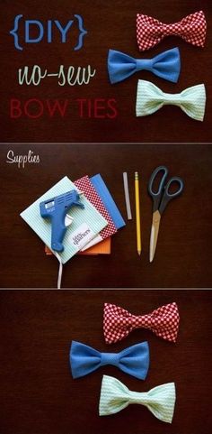 three different types of bow ties with scissors and glue on them, one is red white and the other is blue