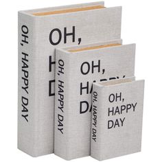 three books with the words oh, happy day written in black and white on them