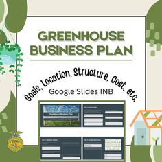 the green house business plan is displayed in front of a white background with trees and buildings