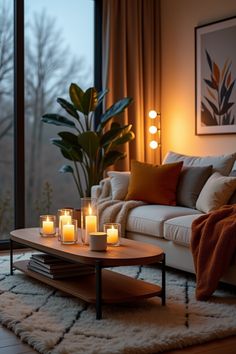 a living room with candles lit on the coffee table and couch in front of large windows