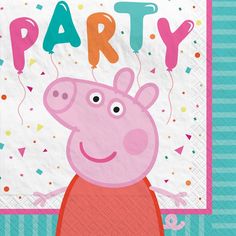 a paper napkin with a peppo pig on it and balloons in the shape of letters that say party