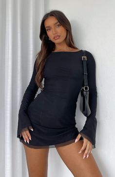 Excuse Me Miss Long Sleeve Mini Dress Black | White Fox Boutique US Fall Dresses Birthday, Birthday Fit Aesthetic, Backless Tie Dress, Going Out Outfits With Boots, Winter Bday Dress, Winter Outfits For Going Out, 22 Birthday Dress, Halloween Outfits Black, Bday Outfits