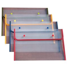 three different colored plastic trays with holes in the middle and one has yellow, blue, and red handles