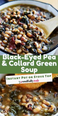 black eyed pea and collard green soup in a white bowl