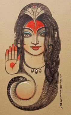 a drawing of a woman holding a snake in her right hand and the other hand on her left