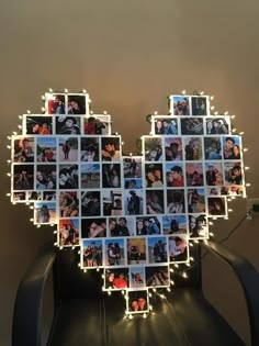 a heart made out of photos is shown with lights on the sides and in the shape of hearts