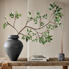 a table with a vase and some books on it