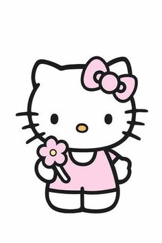 a hello kitty holding a flower in her right hand and wearing a pink shirt with the words hello kitty on it