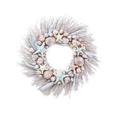 a wreath with seashells and starfish is shown on a white background,