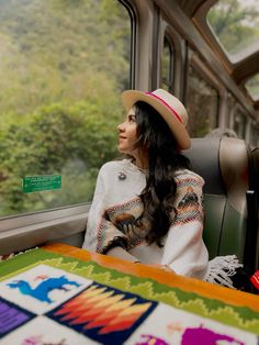 a woman wearing a hat sitting on a train looking out the window at some trees