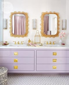 the bathroom is decorated in lavender and gold