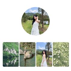 a woman in a white dress standing next to trees and flowers with four pictures of her