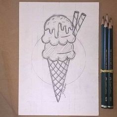 a drawing of an ice cream cone with two crayons on the table next to it