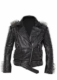 Men SPIKED Studded BLACK Leather Jacket Brando Full Steampunk Rocker Silver Long Spikes on Storenvy Spiked Jacket, Handmade Jacket, Studded Leather Jacket, Studded Jacket, Studded Leather, Chunky Sweater, Black Leather Jacket, Workout Jacket, Leather Jackets Women