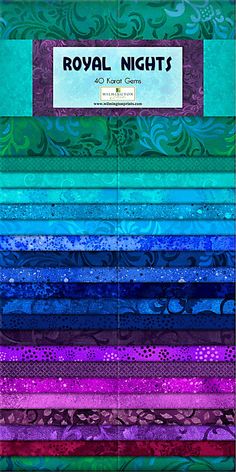 the royal nights quilt pattern is shown in many colors and sizes, including blue, green,