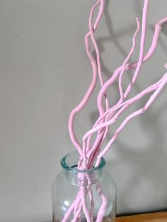 a vase filled with pink sticks sitting on top of a wooden table next to a wall