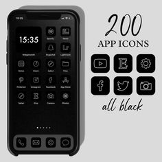 an image of a black phone with icons on the screen and text that reads, 300 app icons all black