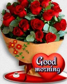 a bouquet of red roses sitting on top of a plate with the words good morning