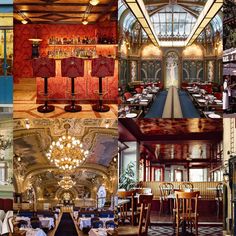 the inside of a restaurant with many tables and chairs, chandeliers and windows