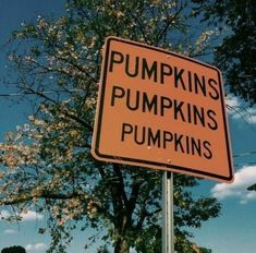 an orange sign that says pumpkins and pumpkins on it in front of a tree