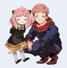 two anime characters, one with pink hair and the other in black clothes are sitting next to each other