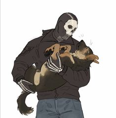 a drawing of a man holding a dog and wearing a skeleton mask on his head