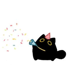 a black cat with a party hat blowing out confetti