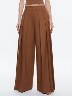 Simon High Rise Wide Leg Pleated Trouser In Camel Latest Designer Dresses, High Low Gown, Jumpsuit And Blazer, Cardigan Outfits, Pleated Maxi Dress, Clothing Essentials, Sweater Sale, Romper Dress, Dress With Cardigan