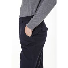 "This navy trousers features slightly stretch cotton, straight fit, belt loops, zip closure and asymmetric pockets at back." Navy Trousers, The Kings, Stretch Cotton