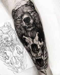 a man's arm with a bear and skull tattoo on it, next to a drawing