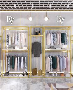 an open closet with clothes on shelves and hanging lights above the racks, in front of a tiled floor