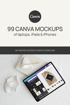 an ipad with the title 99 canva mockups of laptops, ipads and phones