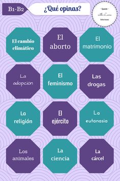 the spanish language poster with different types of words and numbers in purple, teal, blue