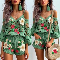 a woman wearing green crochet shorts with flowers on the bottom and off shoulder