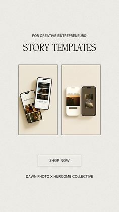 the front cover of a book with two pictures of cell phones and text that reads, for creative enterprises story templates shop now