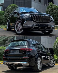 the front and side view of a black suv with chrome rims, parked in front of