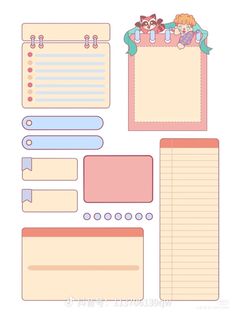 a set of paper with stickers and labels on it, including an empty notepad