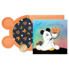 a halloween card with mickey mouse holding a jack - o'- lantern on it