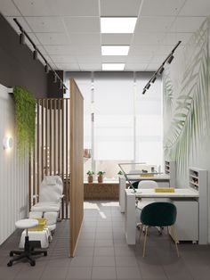 an office with white furniture and plants on the wall