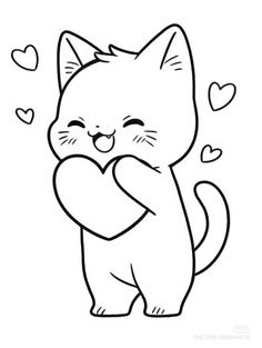 a black and white drawing of a cat holding a heart with hearts around it's neck