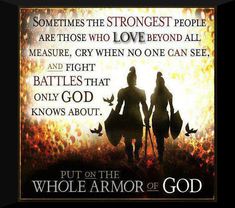 two people standing next to each other in front of a fire with the words, put on the armor of god