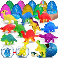 colorful plastic dinosaurs and fish in an egg shell