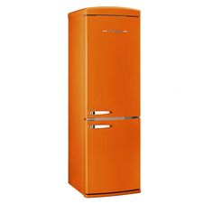 an orange refrigerator freezer sitting on top of a white wall