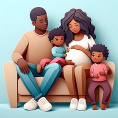 a family sitting on a couch with the baby bumping their pregnant mother's belly