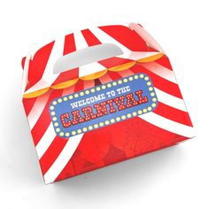 a red and white striped box that says welcome to the carnival