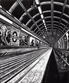 a black and white drawing of a subway station