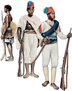 1. Irregolare Habab; 2. Ascaro del 2° Bn. Eritreo "Hidalgo"; 3. Sciumbasci (Maresciallo) del 6° Bn. Eritreo "Cossu" - 1896 Sci Fi Uniform, African Superhero, Italian Empire, Army History, Italian Army, Military Artwork, Military Insignia, Military Uniforms, Army Uniform