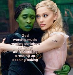 a woman hugging a man in front of a green background with the words god worship music reading scriptture make - up thrifting dressing up cooking / baking